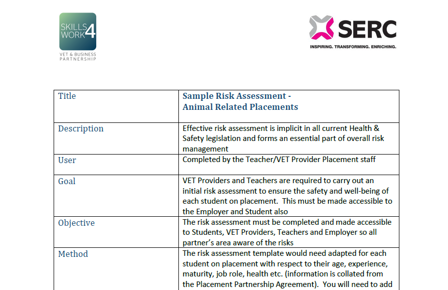 Sample Risk Assessment - Animal Related Placements